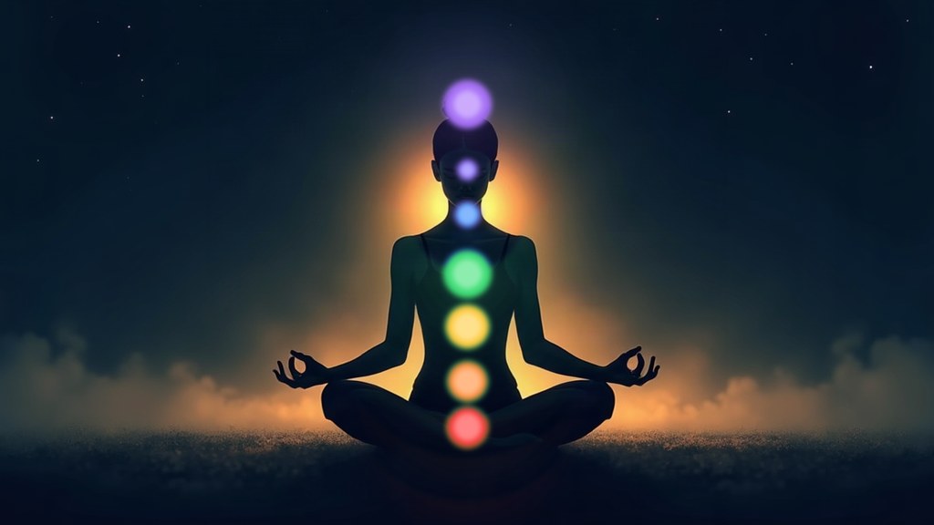 Illustration of the seven chakras glowing along the spine of a meditating figure