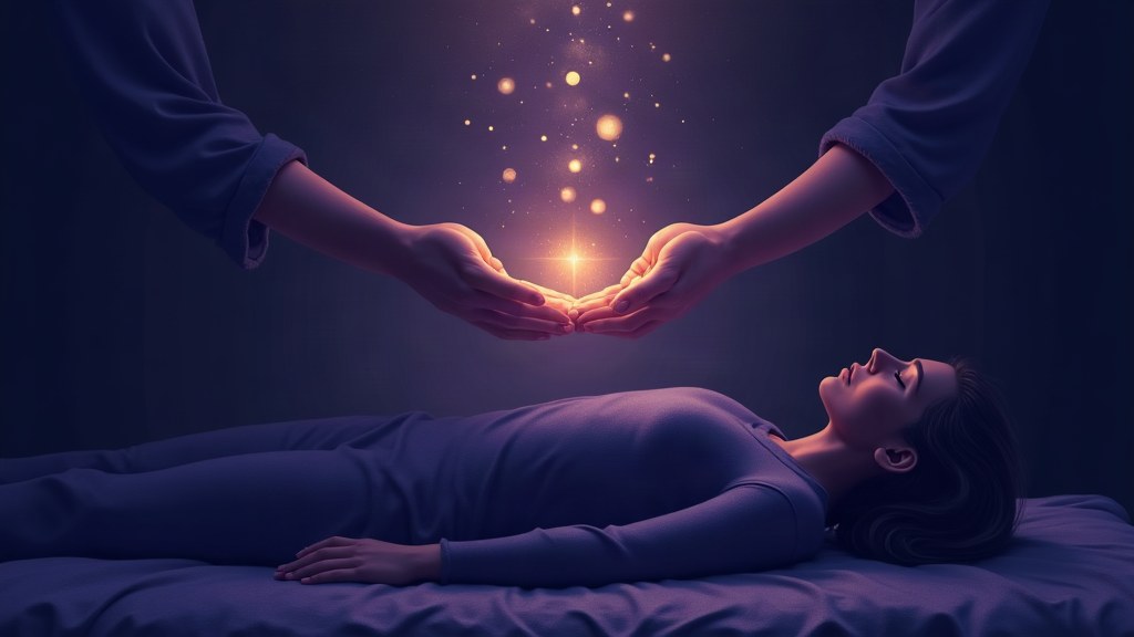 Illustration of a reiki session with gentle hands hovering above a resting person